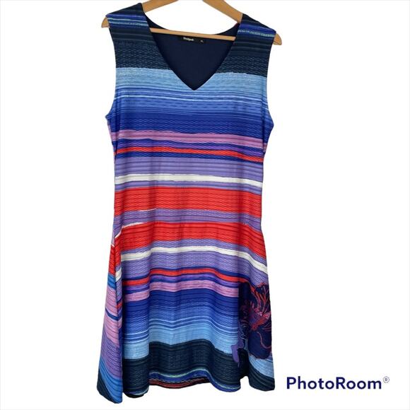 Desigual | Floral Abstract Striped Colorful Dress Blue White Orange - Picture 1 of 9